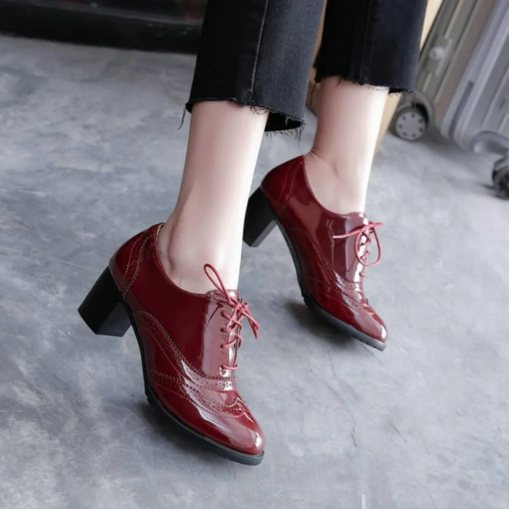 Meefit Women Lace Up Oxford Pumps Patent Leather Chunky Heel Wingtip Pumps