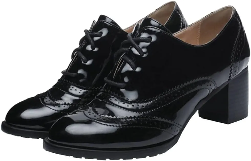Meefit Women Lace Up Oxford Pumps Patent Leather Chunky Heel Wingtip Pumps
