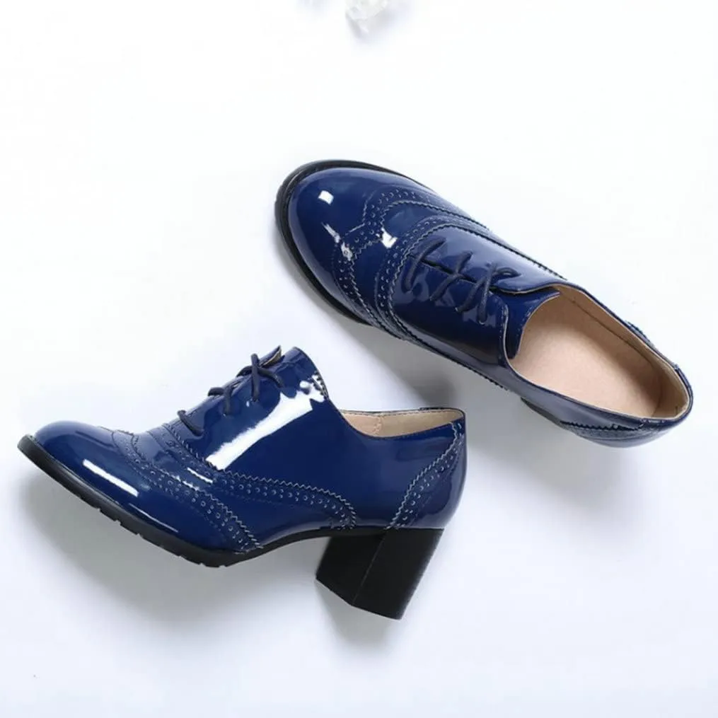 Meefit Women Lace Up Oxford Pumps Patent Leather Chunky Heel Wingtip Pumps