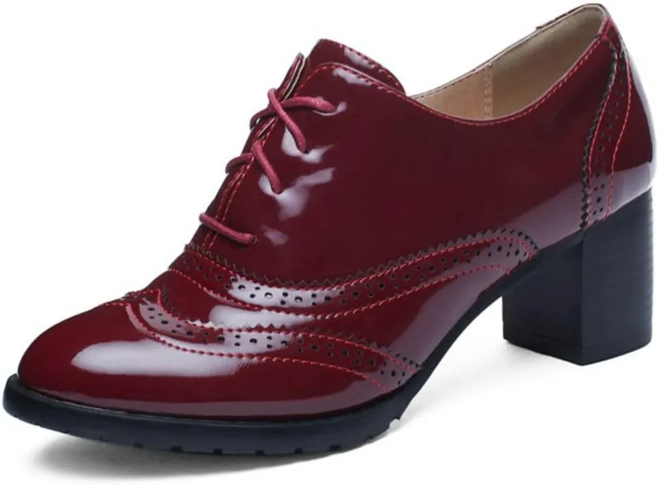 Meefit Women Lace Up Oxford Pumps Patent Leather Chunky Heel Wingtip Pumps