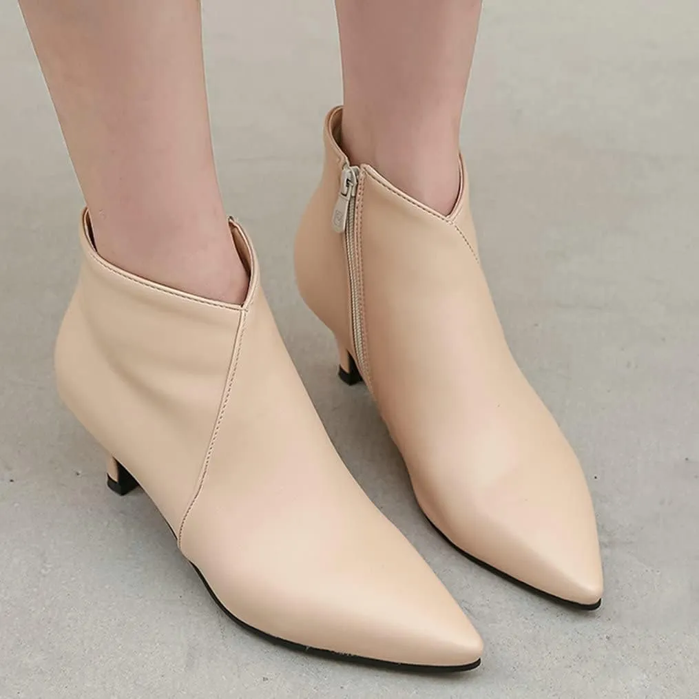 Meefit Women Low Kitten Heel Booties Pointed Toe Side Zip Ankle Boots