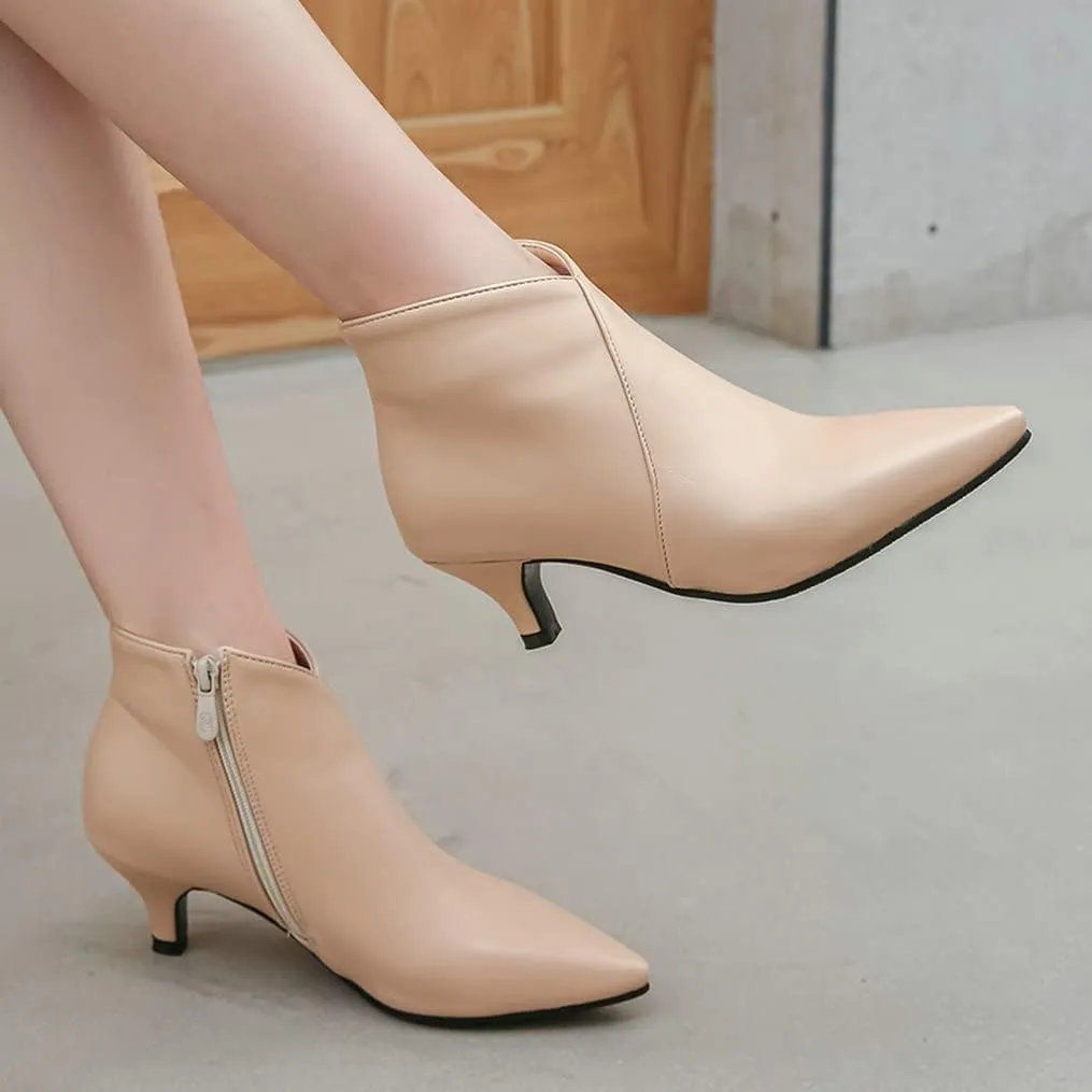 Meefit Women Low Kitten Heel Booties Pointed Toe Side Zip Ankle Boots