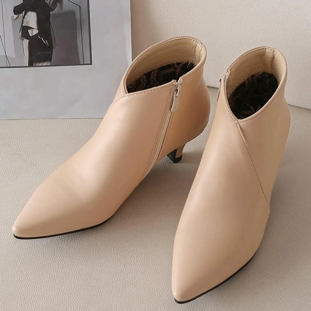 Meefit Women Low Kitten Heel Booties Pointed Toe Side Zip Ankle Boots