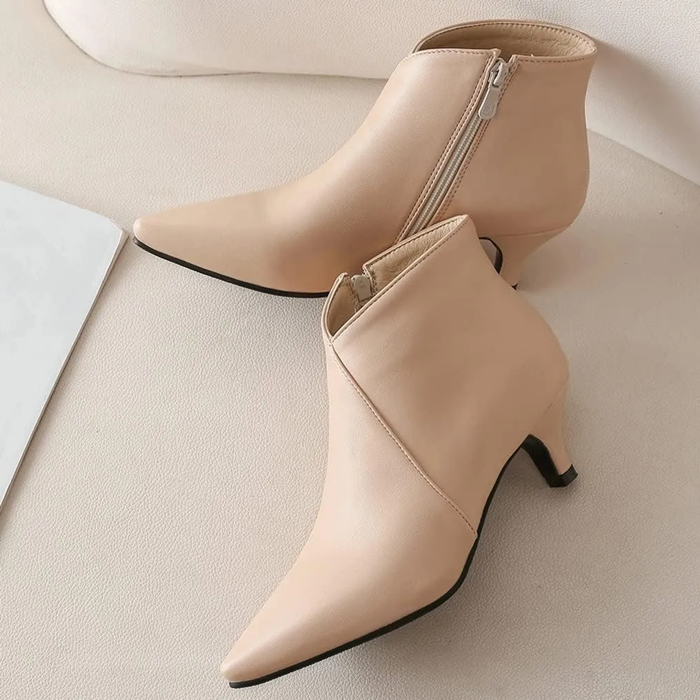 Meefit Women Low Kitten Heel Booties Pointed Toe Side Zip Ankle Boots