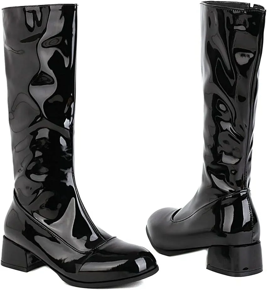 Meefit Women Patent Leather Knee High Boots Low Chunky Heel Round Toe Knee Length Boots