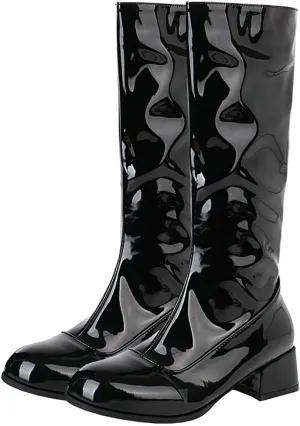 Meefit Women Patent Leather Knee High Boots Low Chunky Heel Round Toe Knee Length Boots
