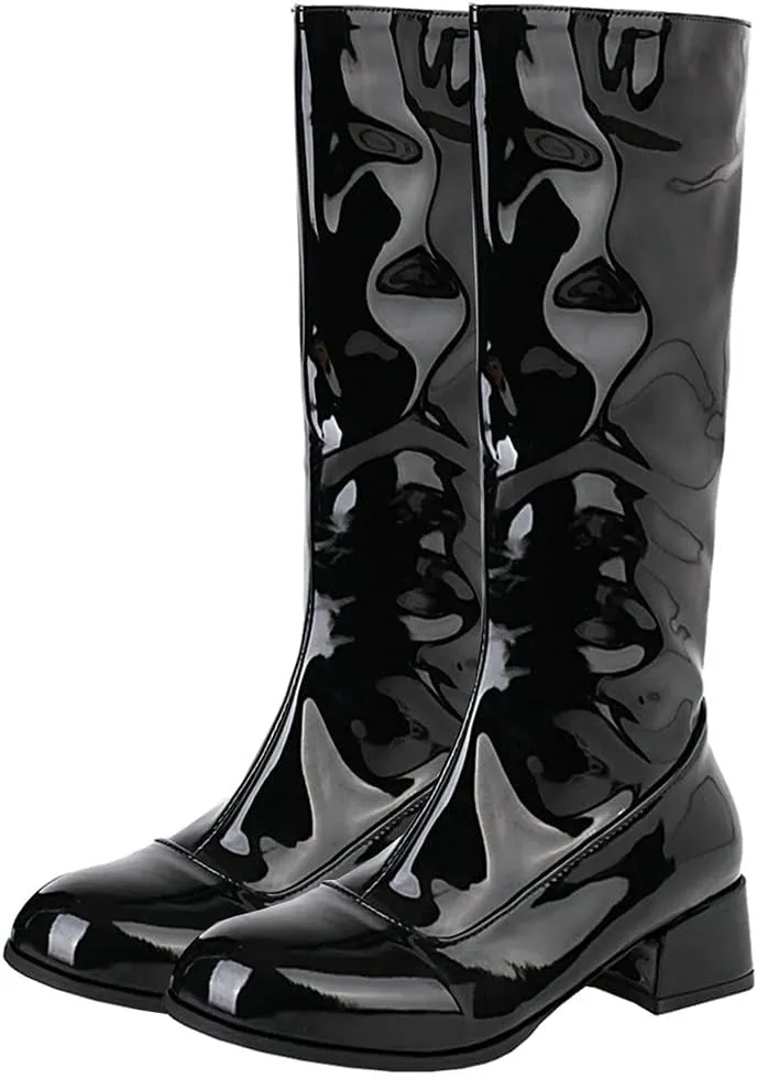 Meefit Women Patent Leather Knee High Boots Low Chunky Heel Round Toe Knee Length Boots