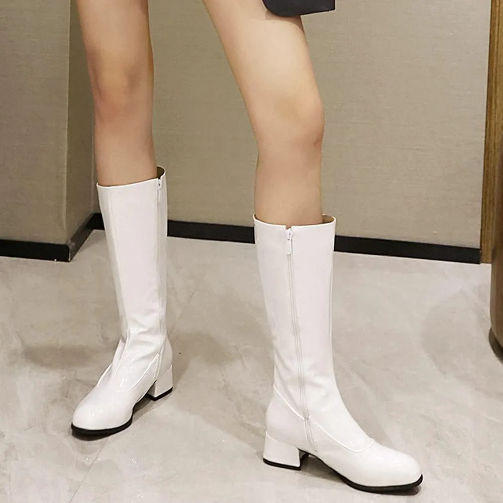 Meefit Women Patent Leather Knee High Boots Low Chunky Heel Round Toe Knee Length Boots