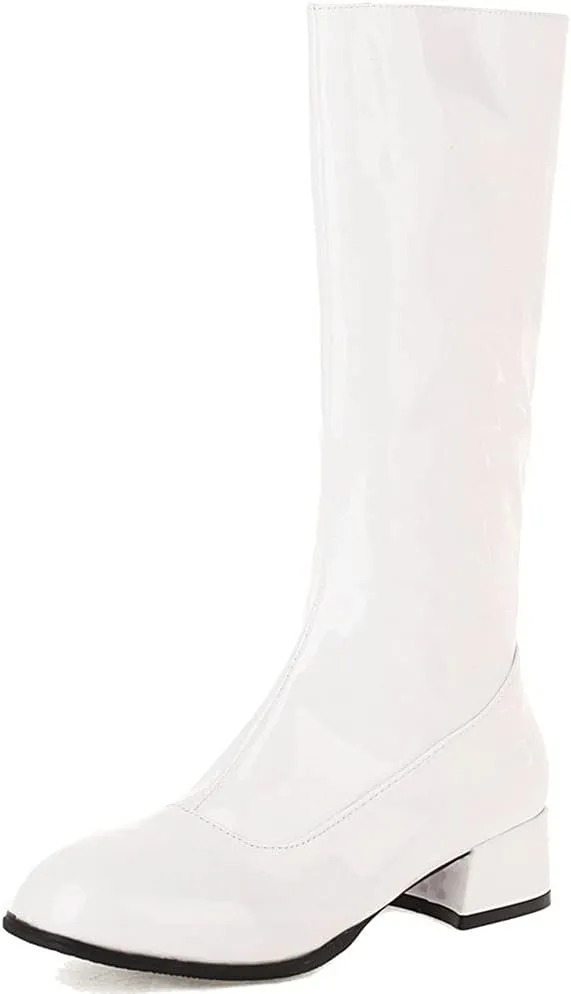 Meefit Women Patent Leather Knee High Boots Low Chunky Heel Round Toe Knee Length Boots