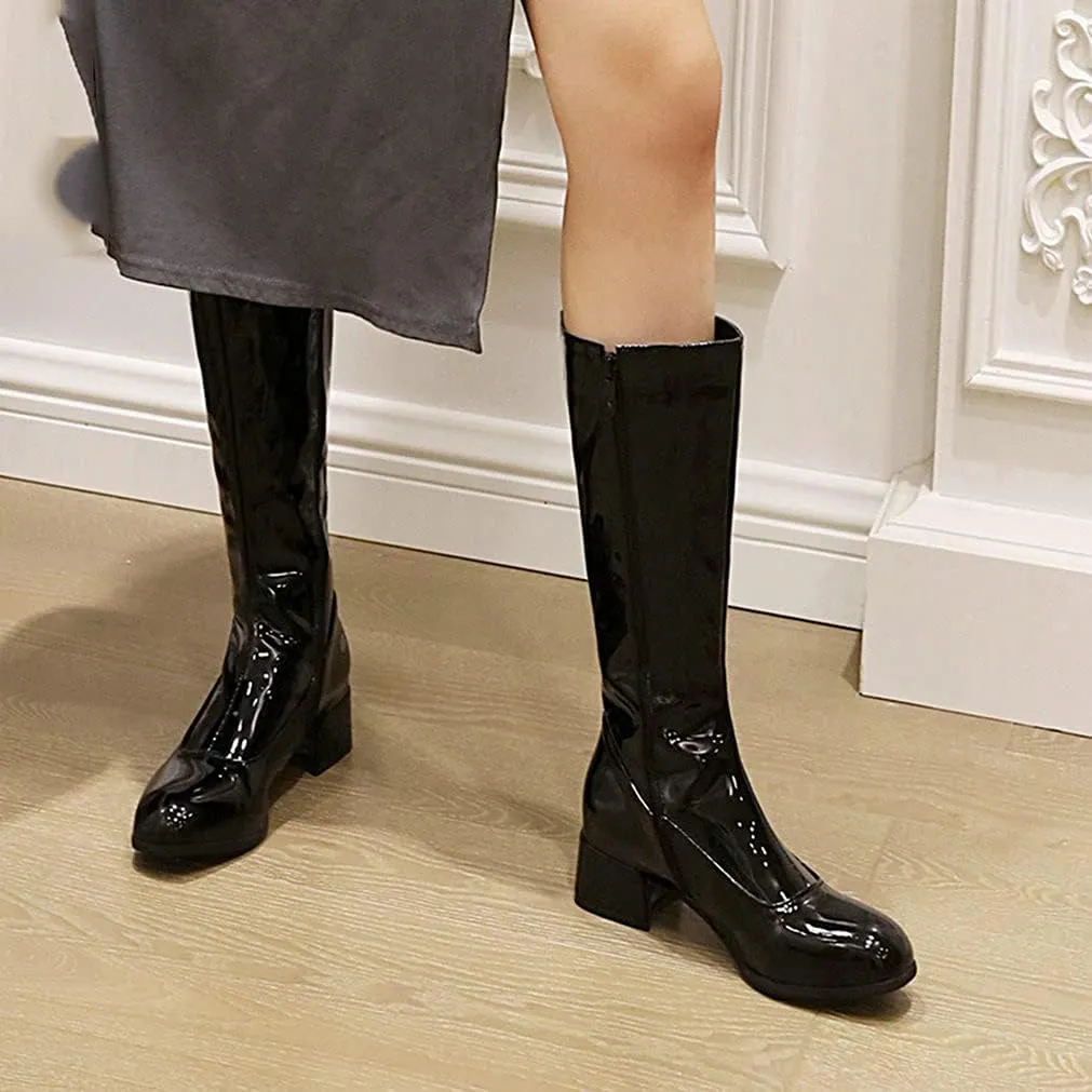 Meefit Women Patent Leather Knee High Boots Low Chunky Heel Round Toe Knee Length Boots