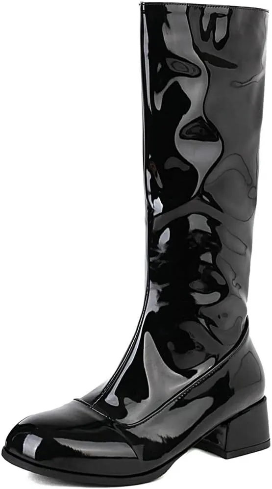 Meefit Women Patent Leather Knee High Boots Low Chunky Heel Round Toe Knee Length Boots