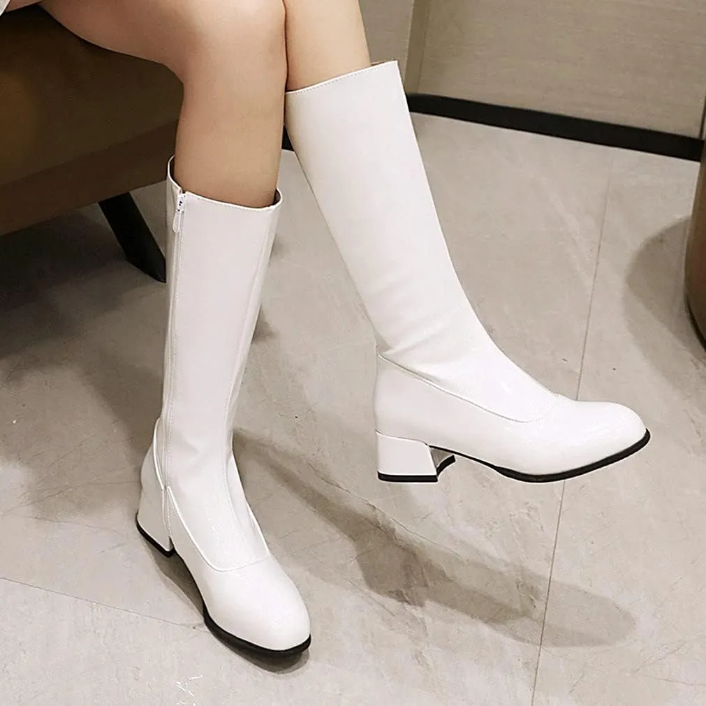Meefit Women Patent Leather Knee High Boots Low Chunky Heel Round Toe Knee Length Boots