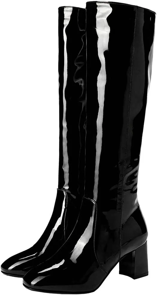 Meefit Women Patent Leather Knee High Gogo Boots Chunky Heel Square Toe Long Boots Full Zip