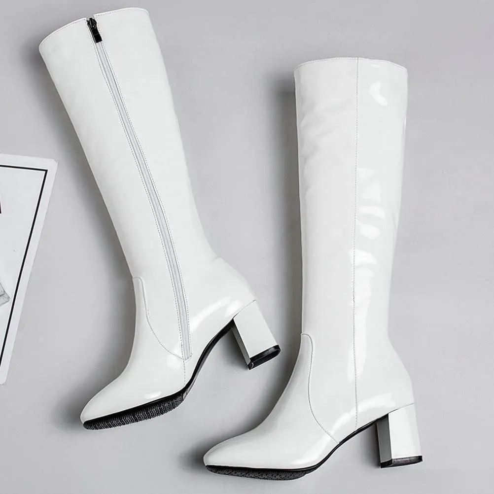 Meefit Women Patent Leather Knee High Gogo Boots Chunky Heel Square Toe Long Boots Full Zip