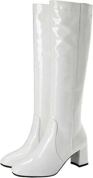 Meefit Women Patent Leather Knee High Gogo Boots Chunky Heel Square Toe Long Boots Full Zip