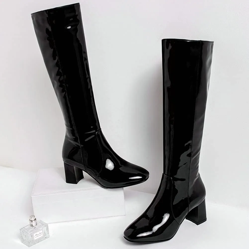 Meefit Women Patent Leather Knee High Gogo Boots Chunky Heel Square Toe Long Boots Full Zip