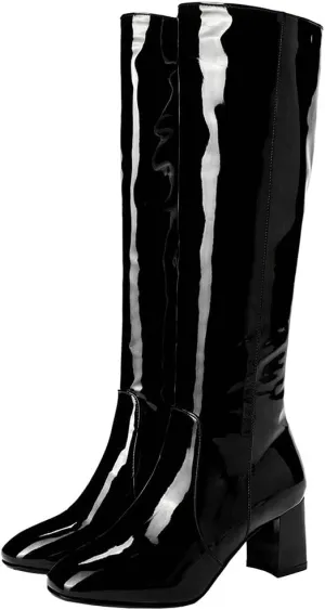 Meefit Women Patent Leather Knee High Gogo Boots Chunky Heel Square Toe Long Boots Full Zip