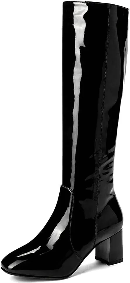 Meefit Women Patent Leather Knee High Gogo Boots Chunky Heel Square Toe Long Boots Full Zip