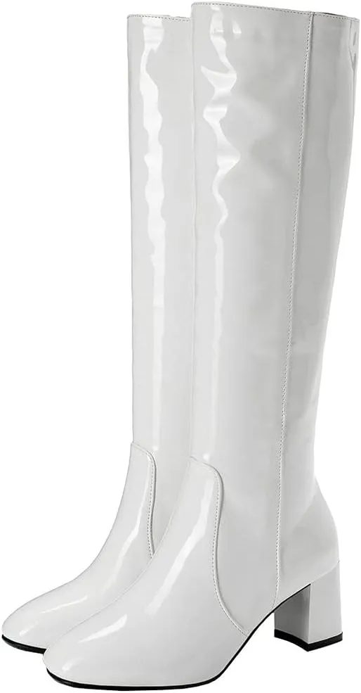 Meefit Women Patent Leather Knee High Gogo Boots Chunky Heel Square Toe Long Boots Full Zip
