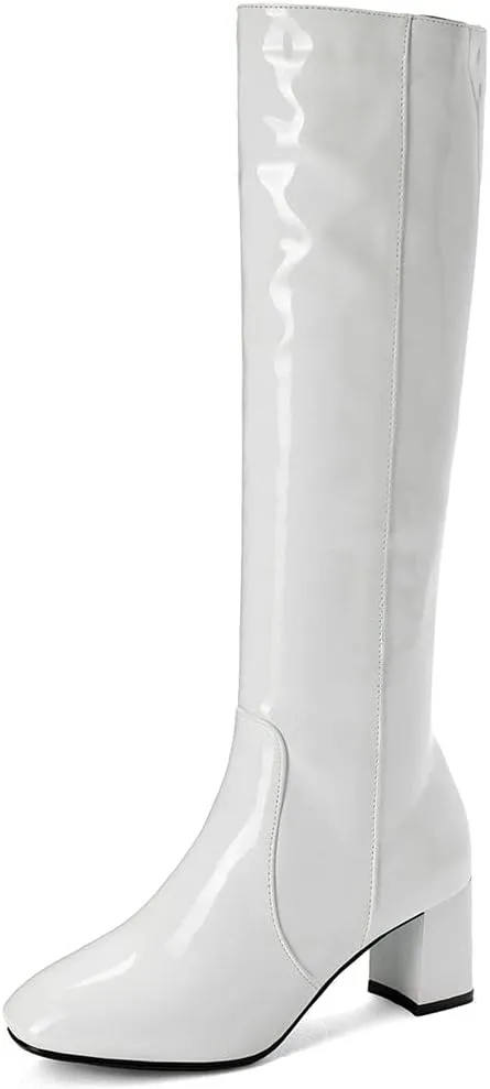 Meefit Women Patent Leather Knee High Gogo Boots Chunky Heel Square Toe Long Boots Full Zip
