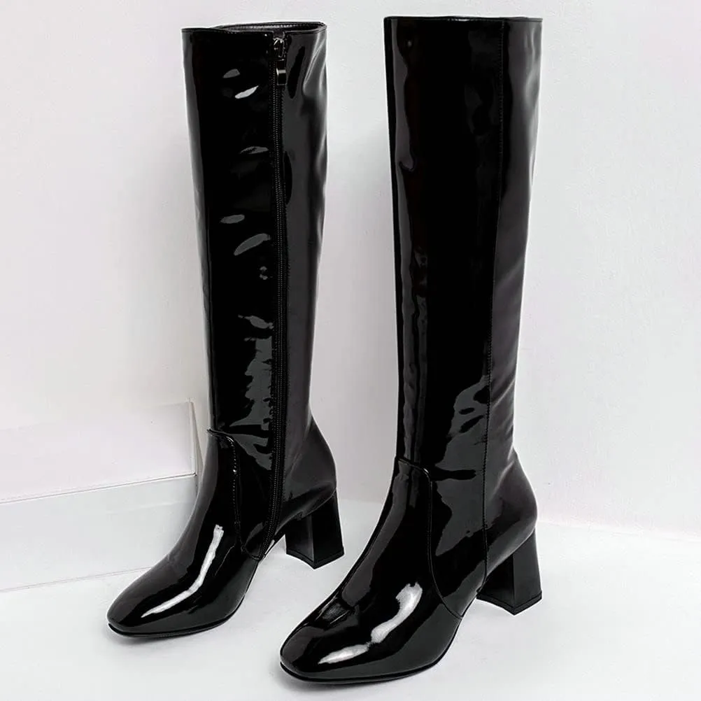 Meefit Women Patent Leather Knee High Gogo Boots Chunky Heel Square Toe Long Boots Full Zip