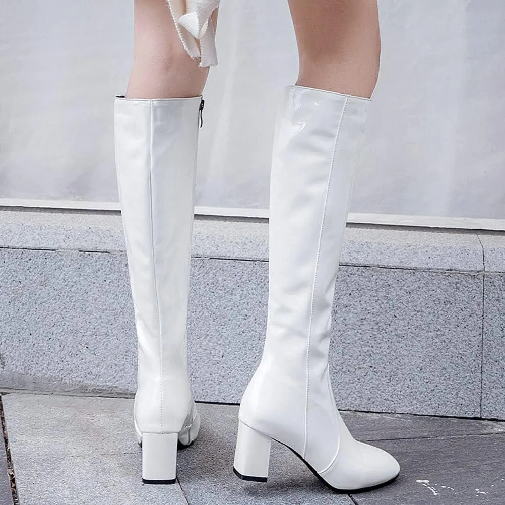 Meefit Women Patent Leather Knee High Gogo Boots Chunky Heel Square Toe Long Boots Full Zip