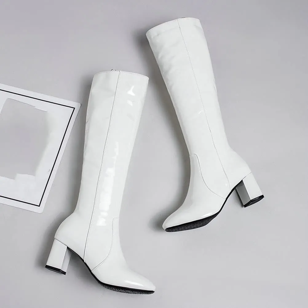 Meefit Women Patent Leather Knee High Gogo Boots Chunky Heel Square Toe Long Boots Full Zip
