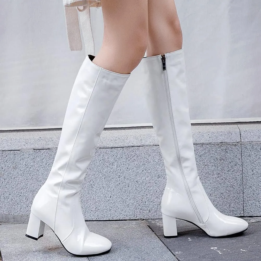Meefit Women Patent Leather Knee High Gogo Boots Chunky Heel Square Toe Long Boots Full Zip
