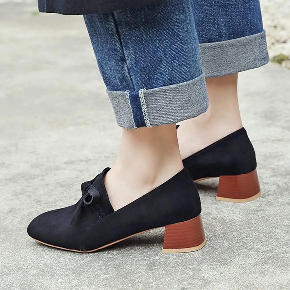 Meefit Women Stacked Heel Loafers Square Toe Low Chunky Heel Slip On Pumps