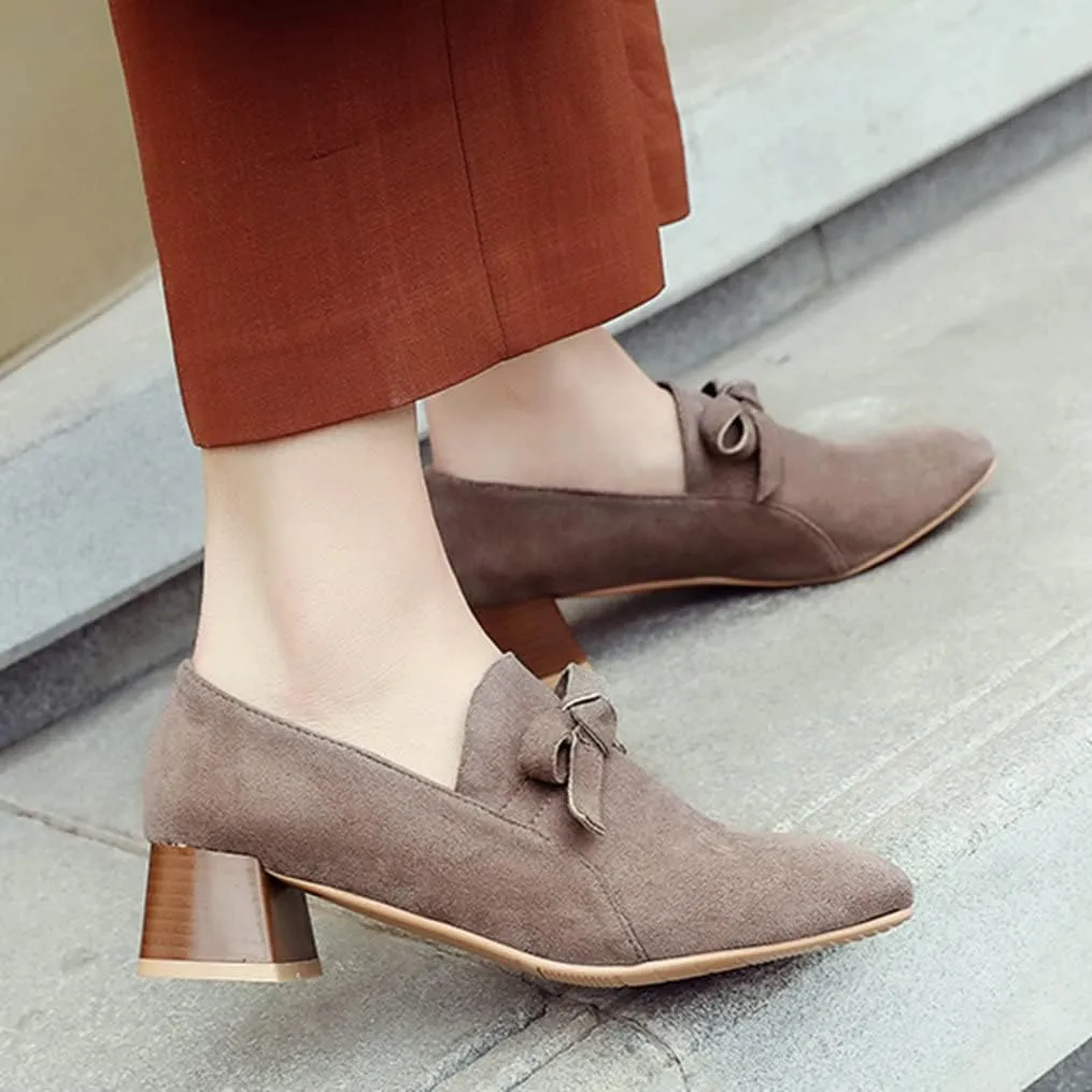 Meefit Women Stacked Heel Loafers Square Toe Low Chunky Heel Slip On Pumps