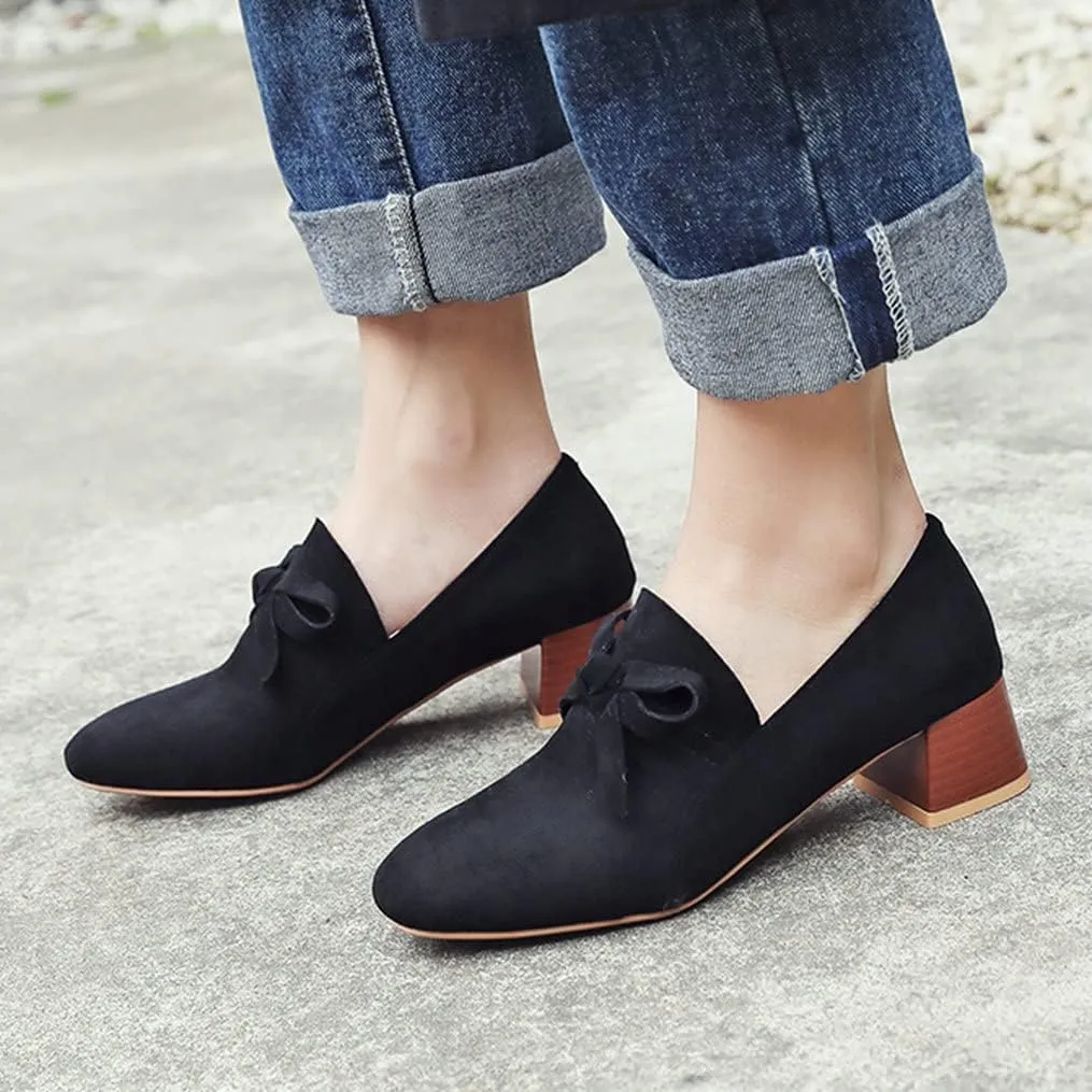 Meefit Women Stacked Heel Loafers Square Toe Low Chunky Heel Slip On Pumps