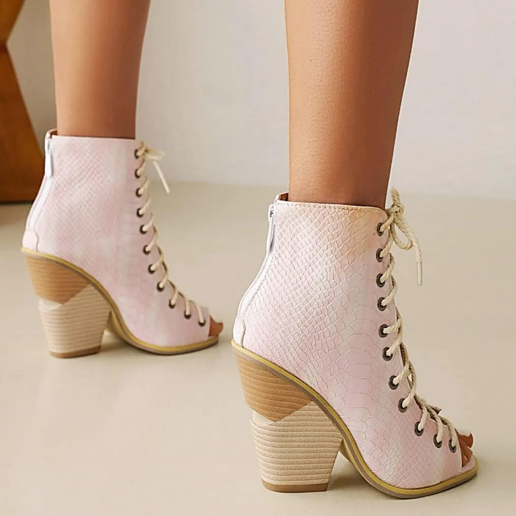 Meefit Women Stacked Wedge Heel Sandals Lace Up Gladiator Peep Toe Sandals High Heel Summer Booties