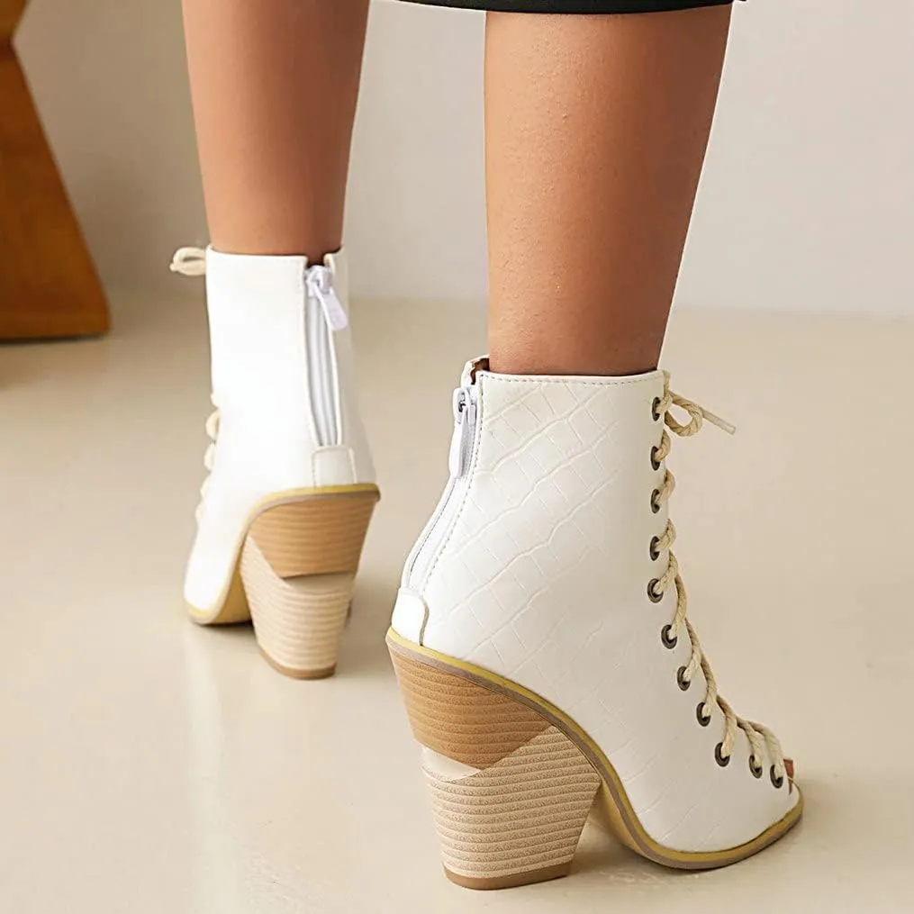 Meefit Women Stacked Wedge Heel Sandals Lace Up Gladiator Peep Toe Sandals High Heel Summer Booties