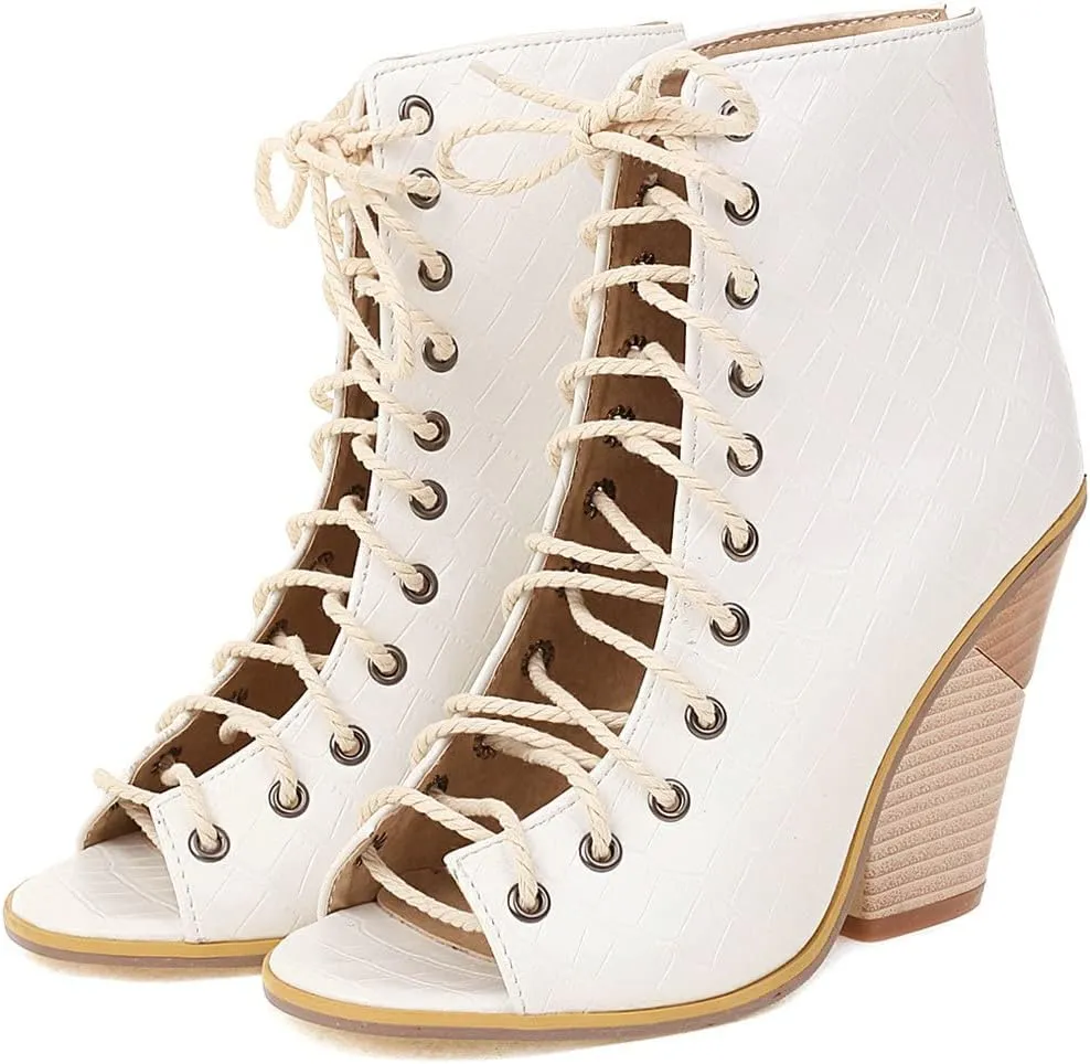 Meefit Women Stacked Wedge Heel Sandals Lace Up Gladiator Peep Toe Sandals High Heel Summer Booties