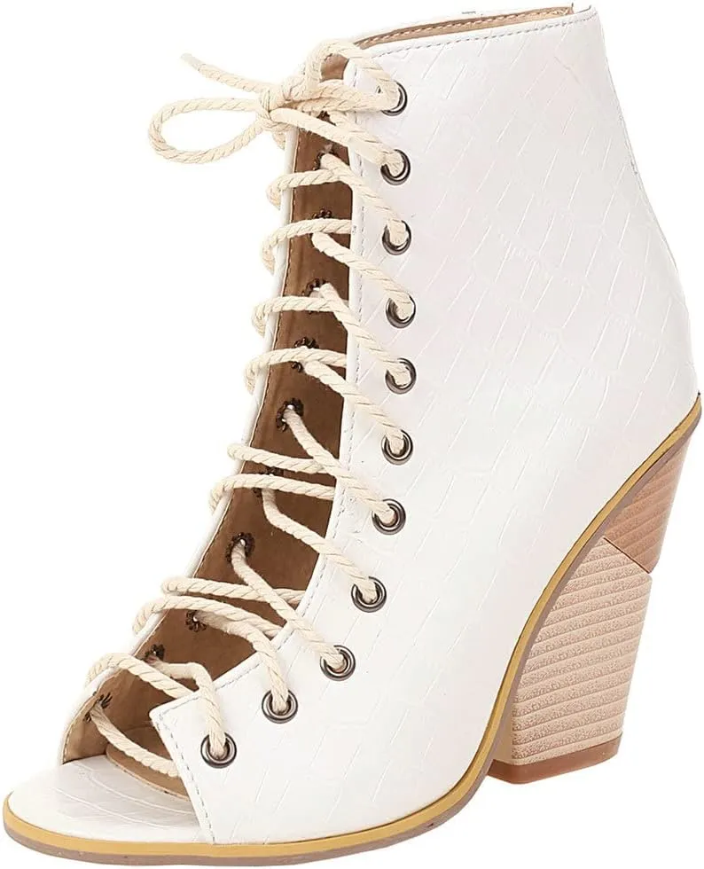 Meefit Women Stacked Wedge Heel Sandals Lace Up Gladiator Peep Toe Sandals High Heel Summer Booties