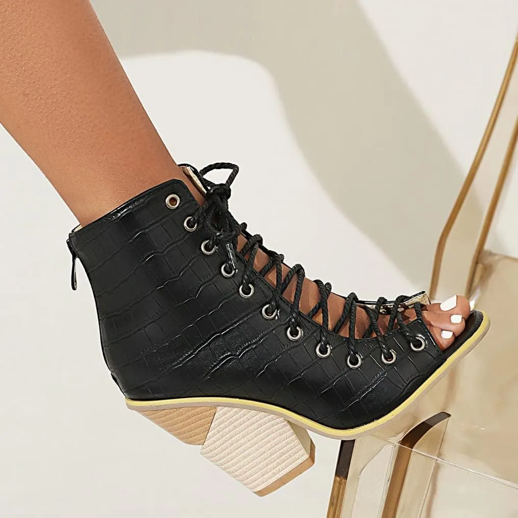 Meefit Women Stacked Wedge Heel Sandals Lace Up Gladiator Peep Toe Sandals High Heel Summer Booties