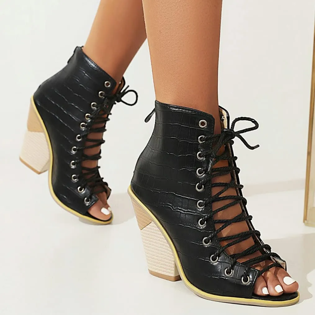 Meefit Women Stacked Wedge Heel Sandals Lace Up Gladiator Peep Toe Sandals High Heel Summer Booties