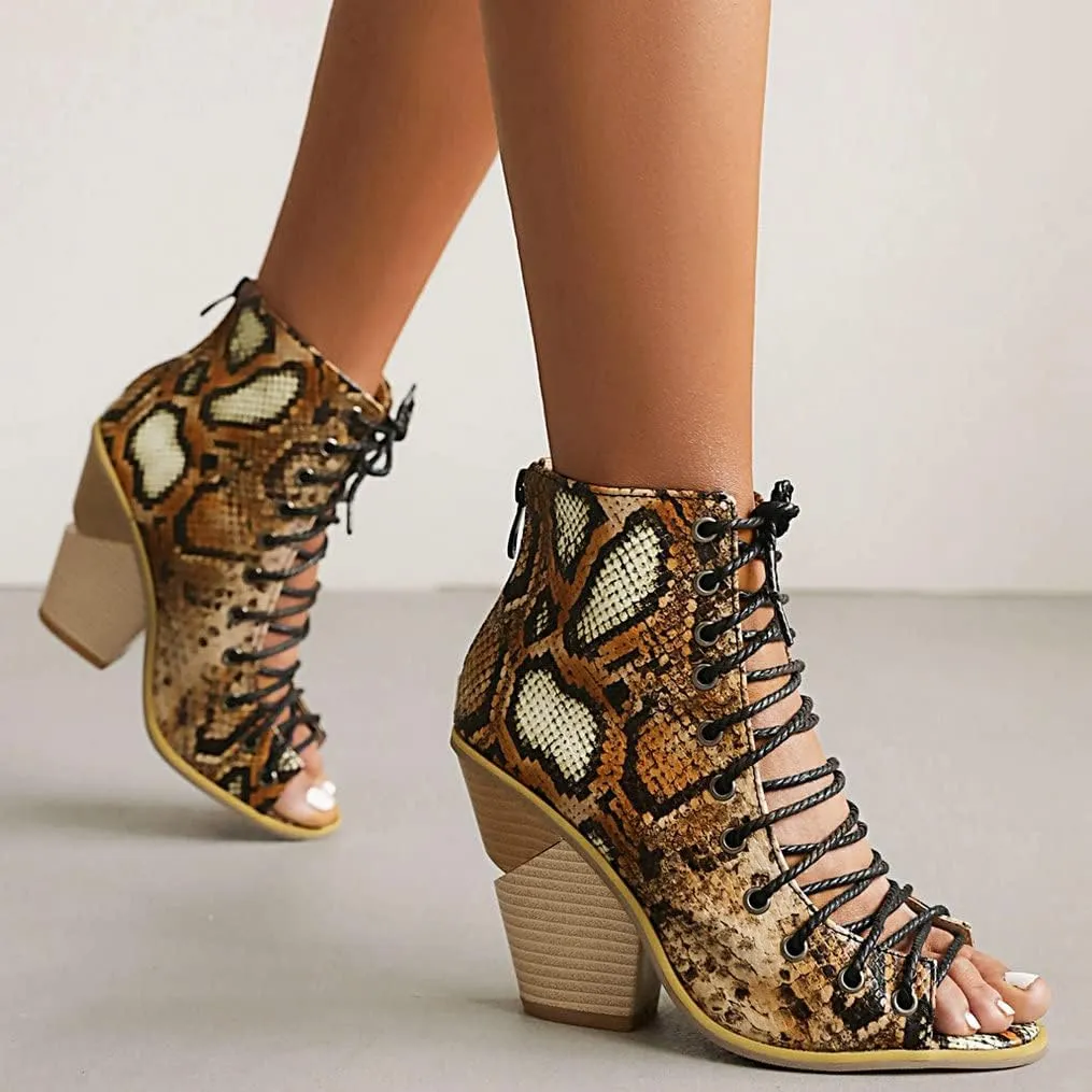 Meefit Women Stacked Wedge Heel Sandals Lace Up Gladiator Peep Toe Sandals High Heel Summer Booties