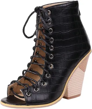 Meefit Women Stacked Wedge Heel Sandals Lace Up Gladiator Peep Toe Sandals High Heel Summer Booties