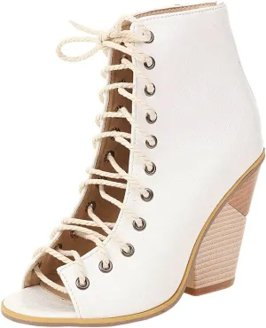 Meefit Women Stacked Wedge Heel Sandals Lace Up Gladiator Peep Toe Sandals High Heel Summer Booties