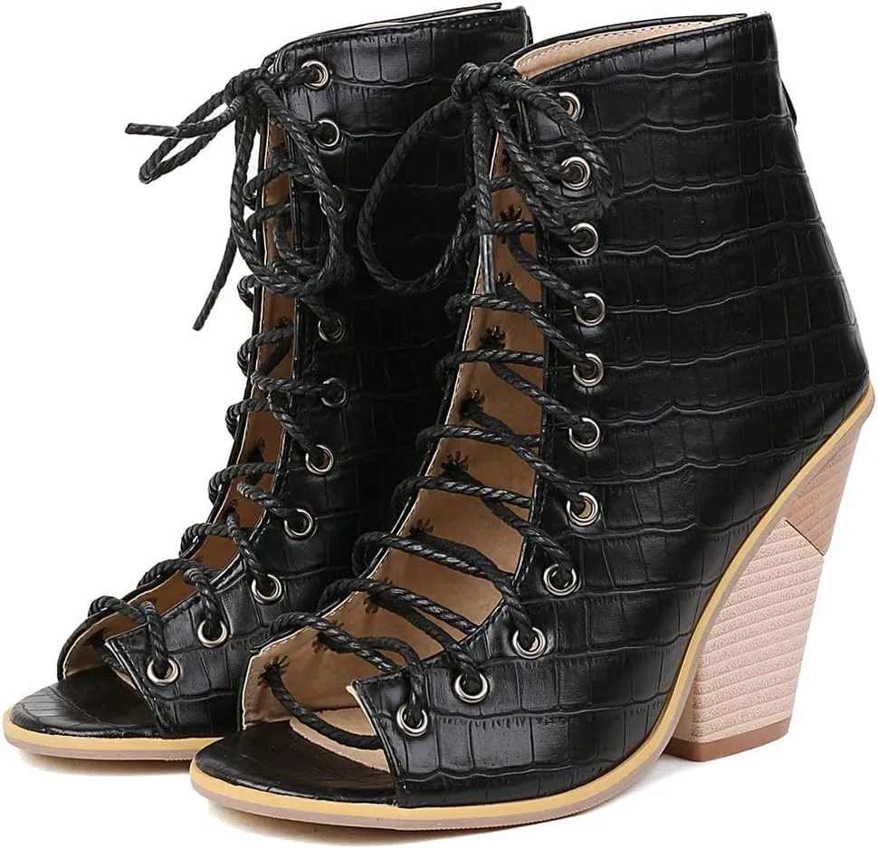 Meefit Women Stacked Wedge Heel Sandals Lace Up Gladiator Peep Toe Sandals High Heel Summer Booties