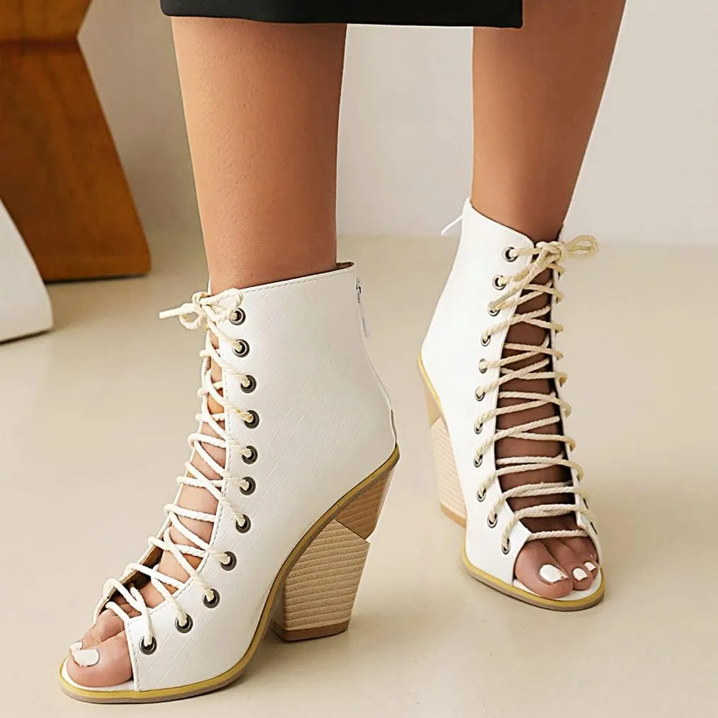Meefit Women Stacked Wedge Heel Sandals Lace Up Gladiator Peep Toe Sandals High Heel Summer Booties