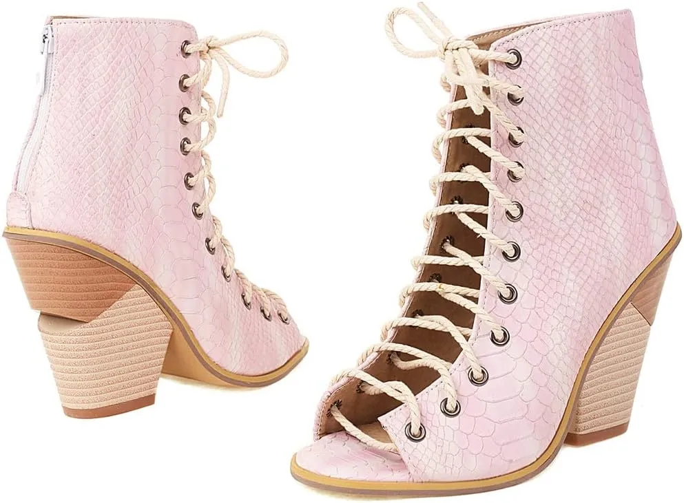 Meefit Women Stacked Wedge Heel Sandals Lace Up Gladiator Peep Toe Sandals High Heel Summer Booties