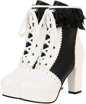 Meefit Women Wingtip Lace Up Block Heel Lolita Ankle Boots Platform Cute Chunky Heel Lace Booties with Bow