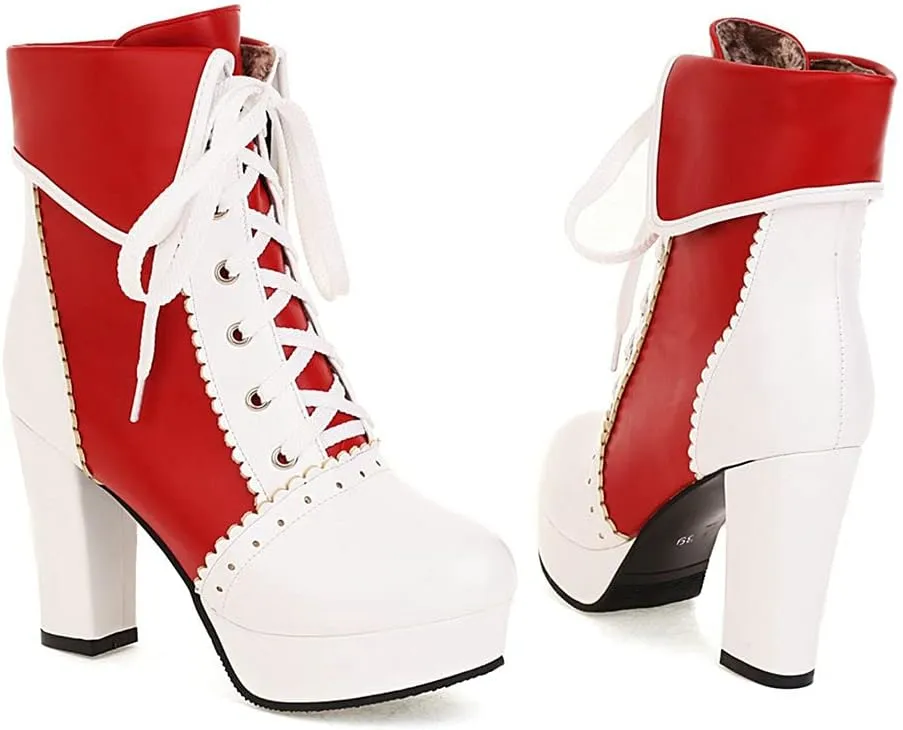 Meefit Women Wingtip Lace Up Block Heel Lolita Ankle Boots Platform Cute Chunky Heel Lace Booties with Bow