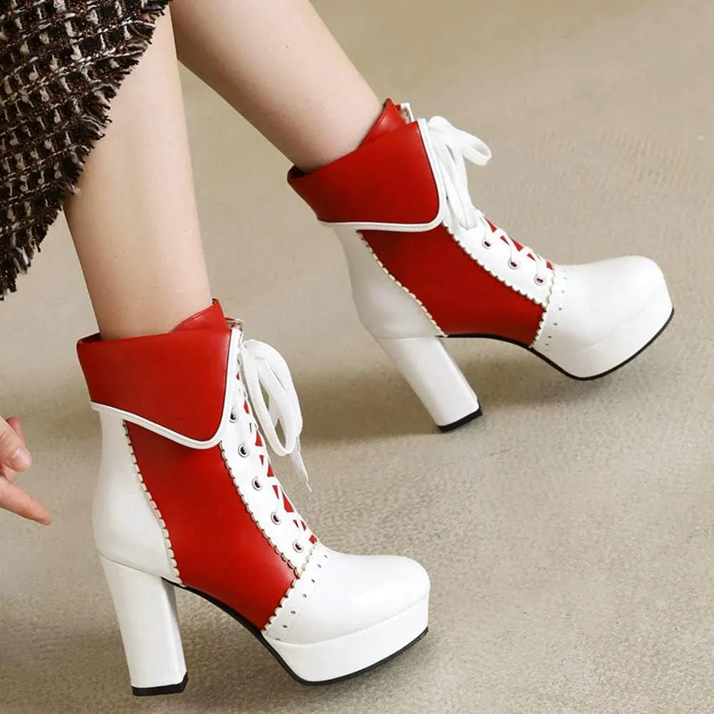 Meefit Women Wingtip Lace Up Block Heel Lolita Ankle Boots Platform Cute Chunky Heel Lace Booties with Bow