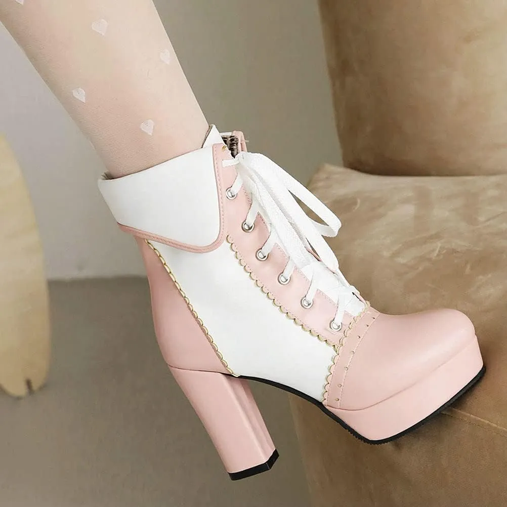 Meefit Women Wingtip Lace Up Block Heel Lolita Ankle Boots Platform Cute Chunky Heel Lace Booties with Bow