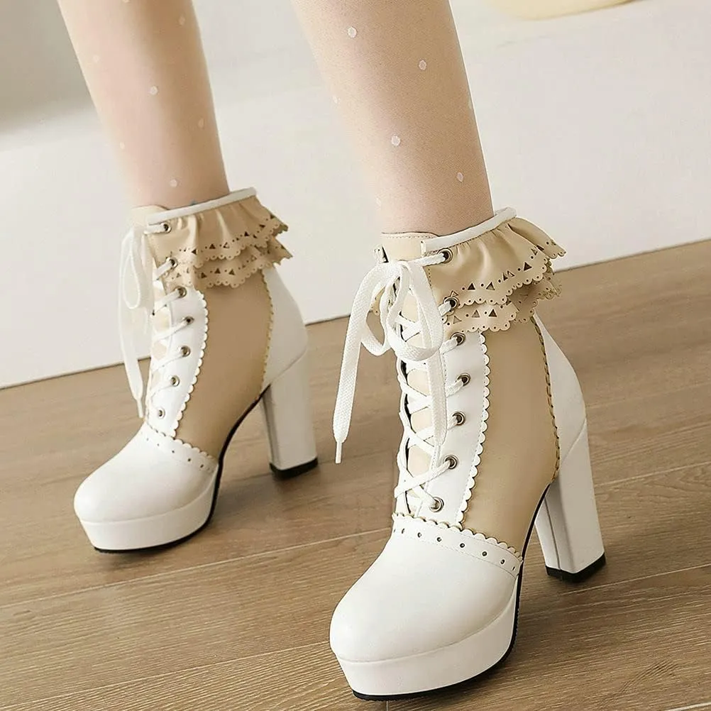 Meefit Women Wingtip Lace Up Block Heel Lolita Ankle Boots Platform Cute Chunky Heel Lace Booties with Bow
