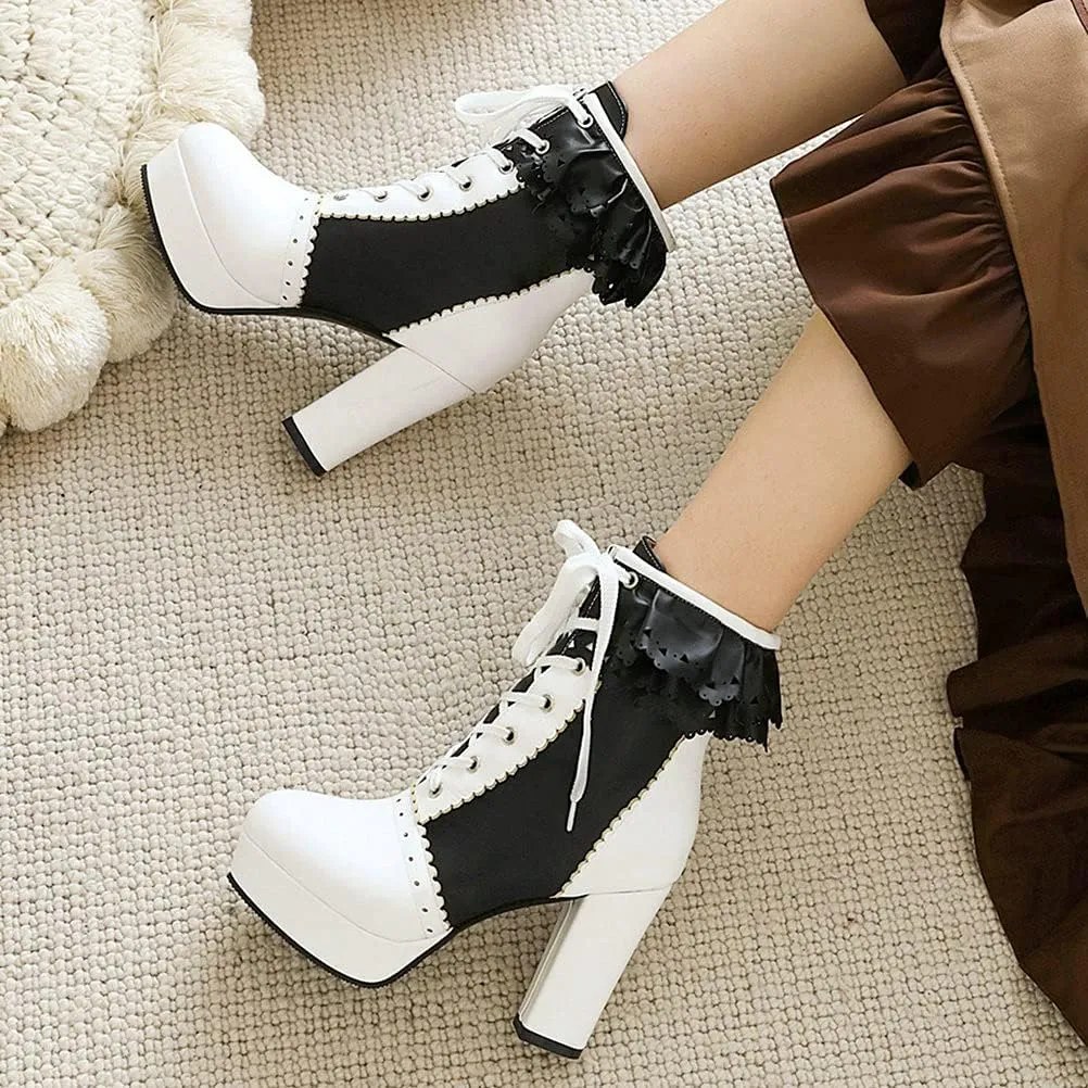 Meefit Women Wingtip Lace Up Block Heel Lolita Ankle Boots Platform Cute Chunky Heel Lace Booties with Bow