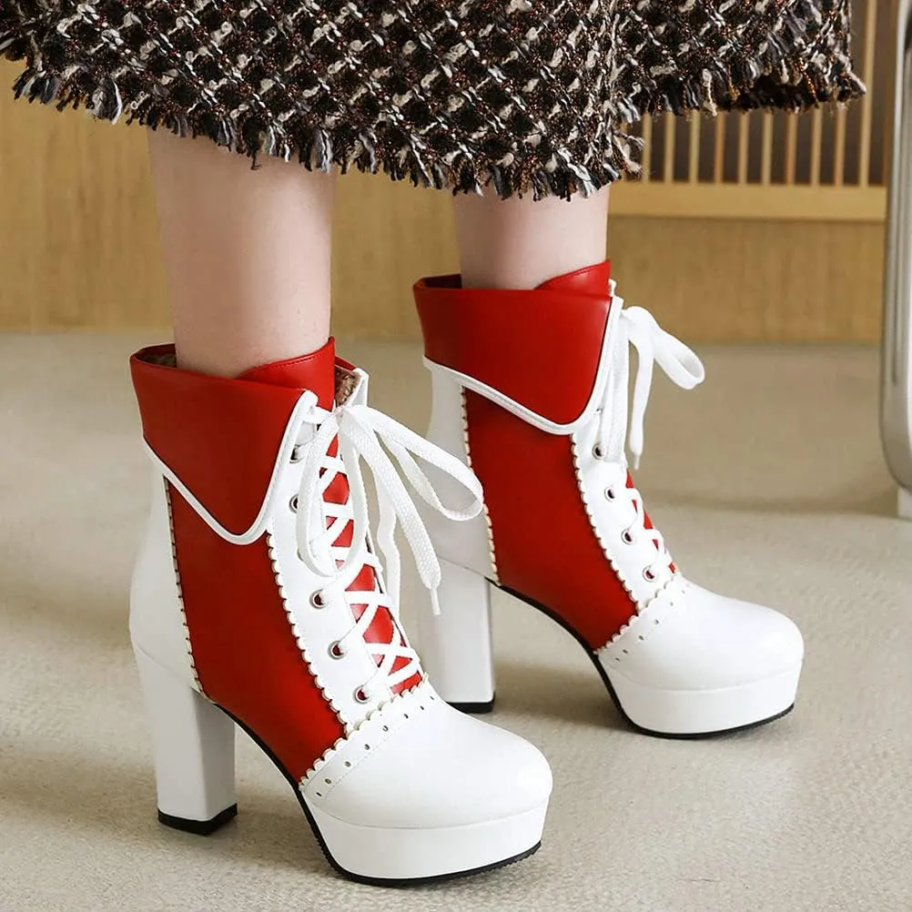 Meefit Women Wingtip Lace Up Block Heel Lolita Ankle Boots Platform Cute Chunky Heel Lace Booties with Bow